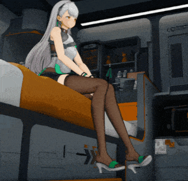 a girl is sitting on a bed with a sign that says eo on it