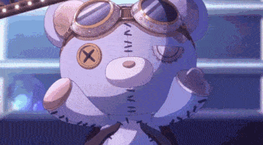 a purple teddy bear wearing goggles and a x on its eye .