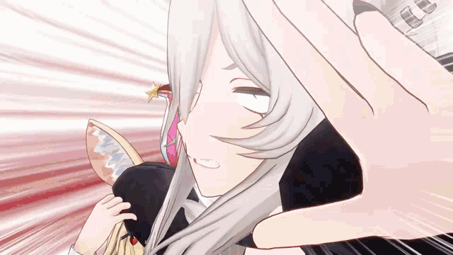 a girl with long white hair is making a face with her hands