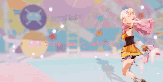 a girl with pink hair is dancing in front of a colorful background with the words thank you for everything