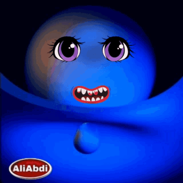 a blue ball with purple eyes and a red mouth has the name aliabdi on the bottom