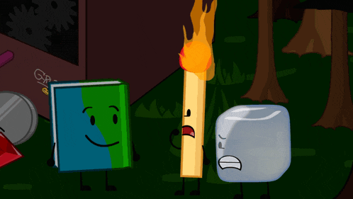 a cartoon drawing of a book a lighter and an ice cube standing next to each other