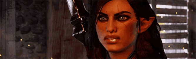 a woman with a sword in her hand looks at the camera