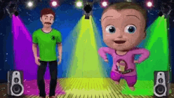 a man in a green shirt and a baby in a pink shirt are dancing on a stage