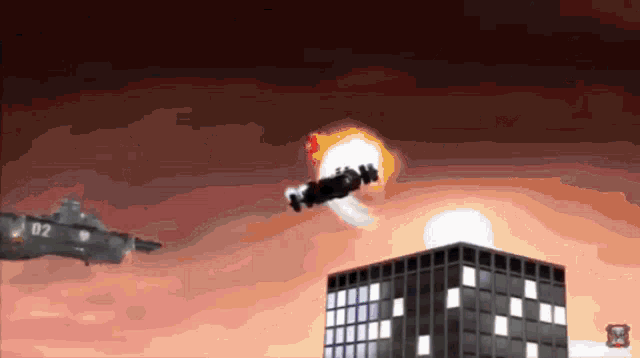 a cartoon of a plane with the number 02 on it flying over a building