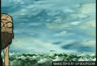 a cartoon of a man standing in front of the ocean with the words make gifs at gifsoup.com underneath