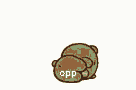 a brown teddy bear is laying down with a green bubble coming out of its mouth and the word opp written on the bottom