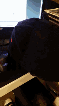 a person wearing a black hat is standing in front of a computer screen