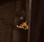 a pixel art of a cartoon character hanging from a wall .