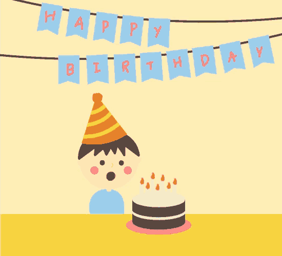 a happy birthday card with a boy wearing a party hat and a birthday cake