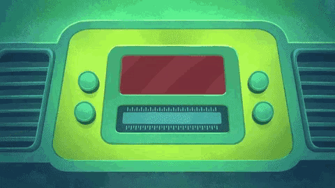 a cartoon illustration of a green and yellow dashboard with buttons and a red screen .