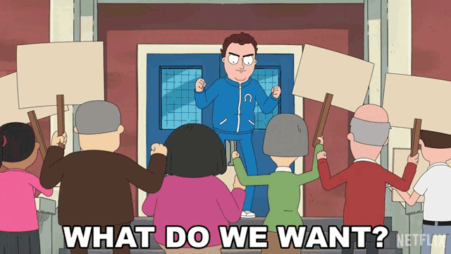 a group of people holding signs with the words " what do we want "