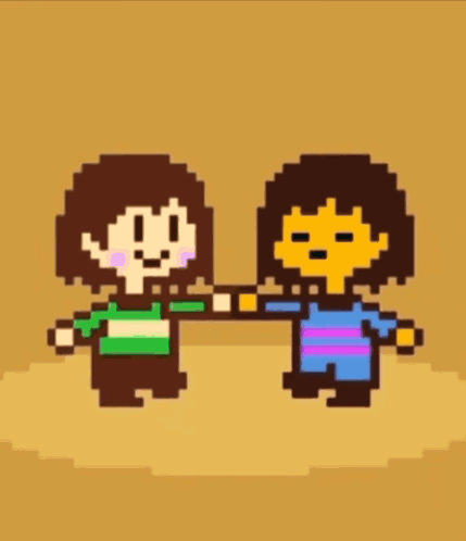 a pixel art of two characters , chara and frisk , dancing .