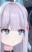 a close up of a anime girl with long white hair and blue eyes
