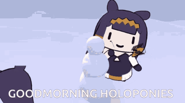 a cartoon of a girl making a snowman with the words " goodmorning holoponies " below her
