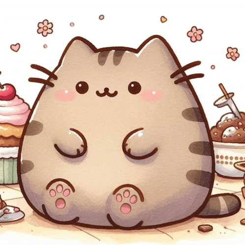 a cartoon drawing of a cat surrounded by cupcakes and flowers