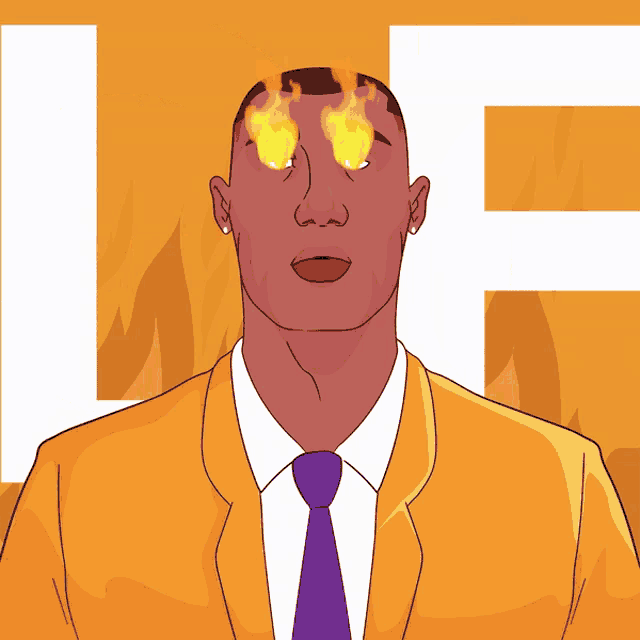 a man with flames coming out of his eyes is wearing a suit and tie