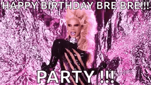 a drag queen is standing in front of a pink background and saying `` happy birthday bre bre party ! ''