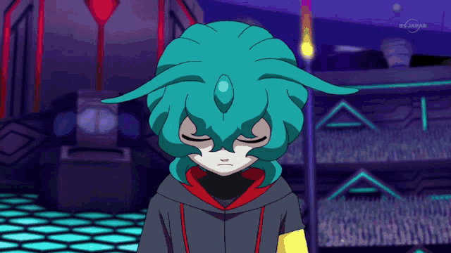 a cartoon character with a blue hair and a red hood is on a tv show called bs japan