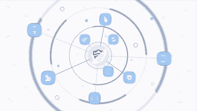 a circle with a shield in the center and icons around it