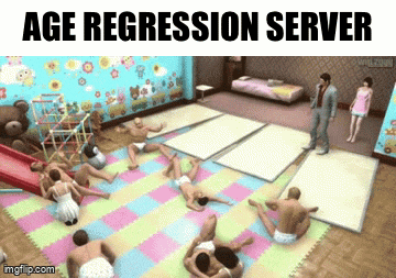 a group of people are laying on the floor in a room with the words age regression server on the bottom
