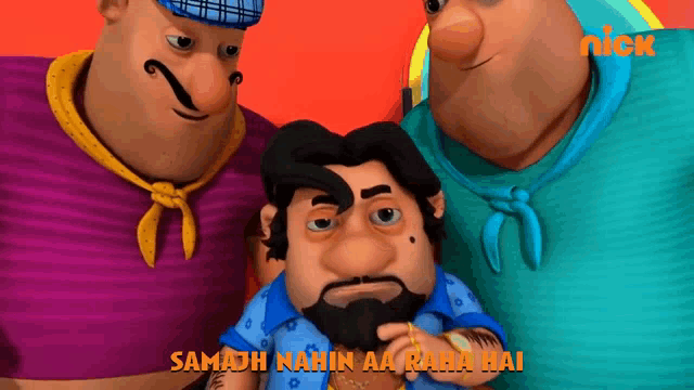 three cartoon characters are standing next to each other with the words " samajh hain aa raha hai " in the upper right corner