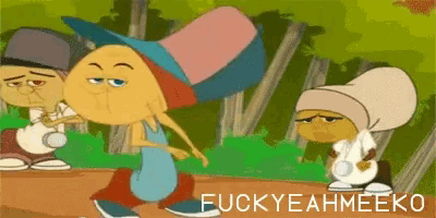 a group of cartoon characters standing next to each other with the words fuckyeahmeeko in the corner