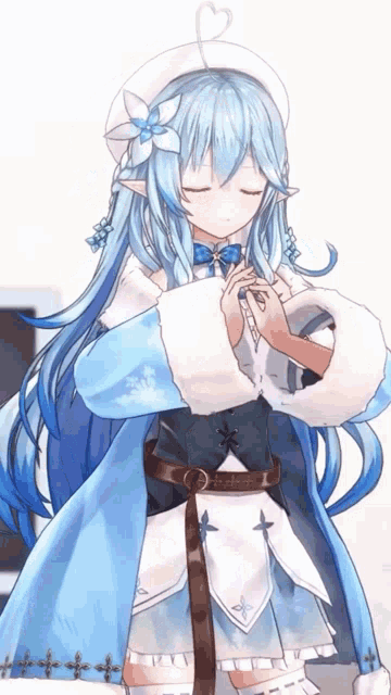 a girl with long blue hair is wearing a white hat and a blue flower in her hair