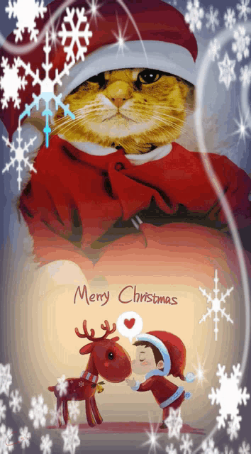 a cat and a boy kissing a reindeer with merry christmas written on the bottom