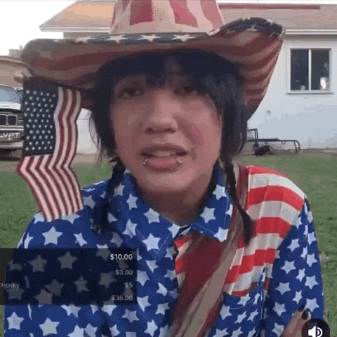 a person wearing an american flag shirt and cowboy hat