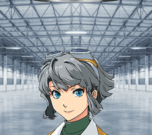 a girl wearing goggles is standing in a warehouse