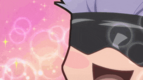 a close up of a cartoon character wearing a blindfold and smiling with a pink background .