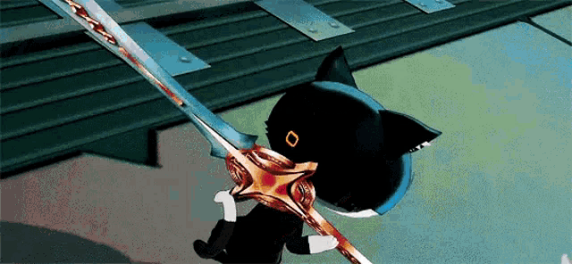 a cat is holding a sword in its mouth in a video game .