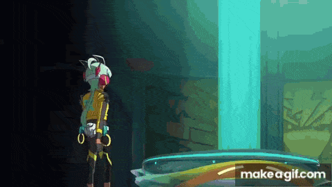 a cartoon character is standing in a dark room with a blue light behind him .