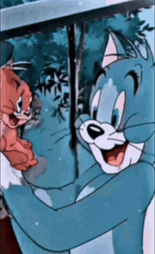 a cartoon of tom and jerry standing next to each other and smiling