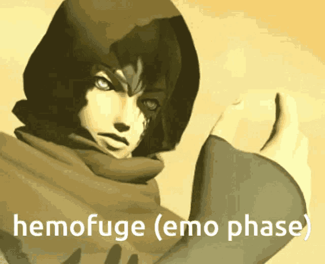 a cartoon character with the words hemofuge ( emo phase ) below it