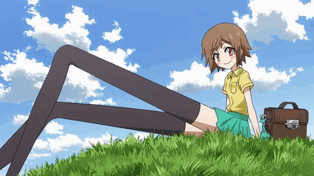 a girl with very long legs is sitting in the grass with a briefcase