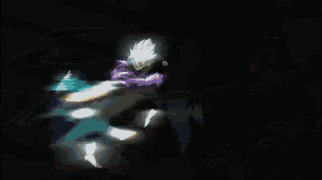 a cartoon character with a purple face and green hair is standing in the dark with his arms outstretched .