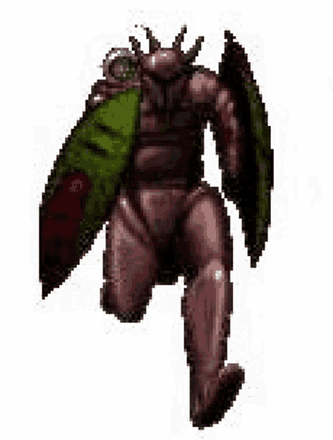 a pixel art of a monster with wings and a green shield .