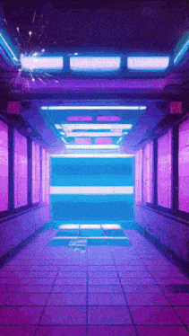 a purple and blue tunnel with a lot of lights on the ceiling