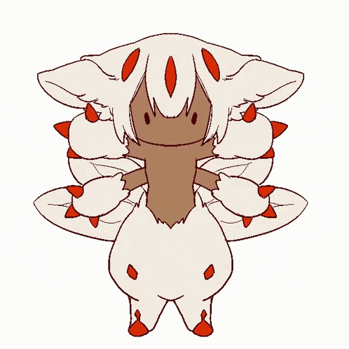 a cartoon drawing of a white animal with red claws and a brown head