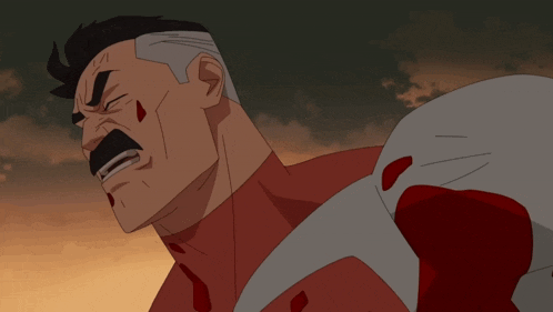 a cartoon of a man with blood on his face and a skull in the background