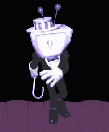 a pixel art of a robot in a tuxedo holding a rope .