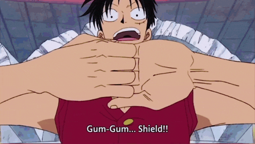 a cartoon character says gum-gum-shield in a speech bubble