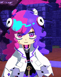a cartoon character with purple hair and a key around her neck