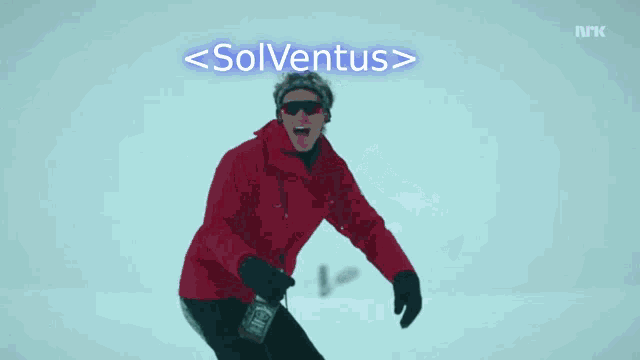 a man is riding another man on a snowboard with the words < solventus > and < six > above them