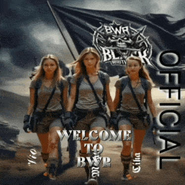 three women walking in front of a black flag that says " welcome to bwr "