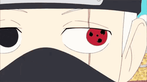 a close up of a person 's face with a red eye and a mask on .
