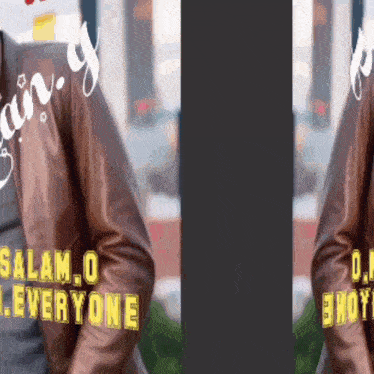 a man wearing a brown leather jacket with the words salam o everyone written on the sleeves