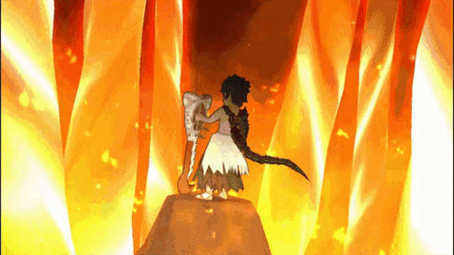 a cartoon character is standing on top of a mountain holding a sword surrounded by flames .
